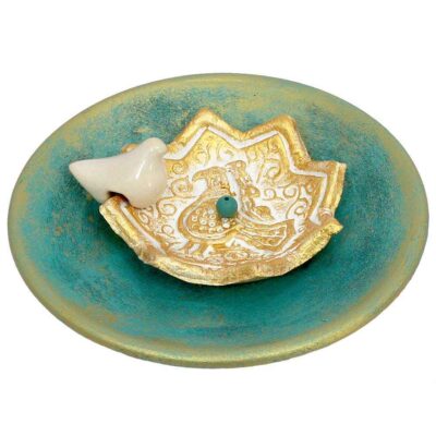 Handcrafted Pottery Incense Holder Round Artistic Birds Design