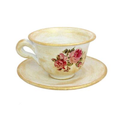 Handcrafted Pottery Incense Holder Artistic Flowers Cup and Saucer Design