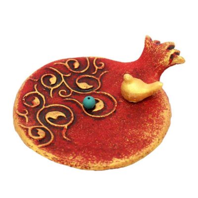 Persian Handcrafted Pottery Incense Holder Artistic Pomegranate and Bird Design