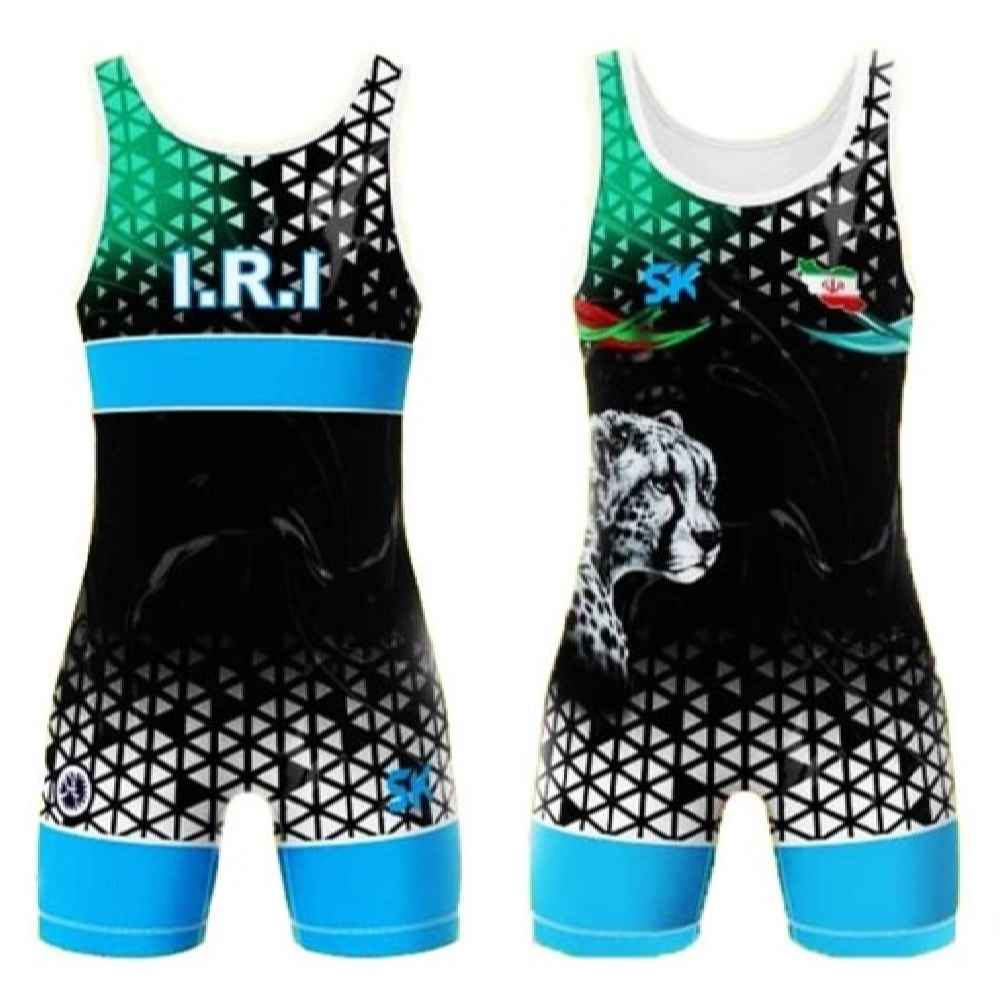 Iranian Men’s Sleeveless Wrestling Singlet Model Blue Leopard