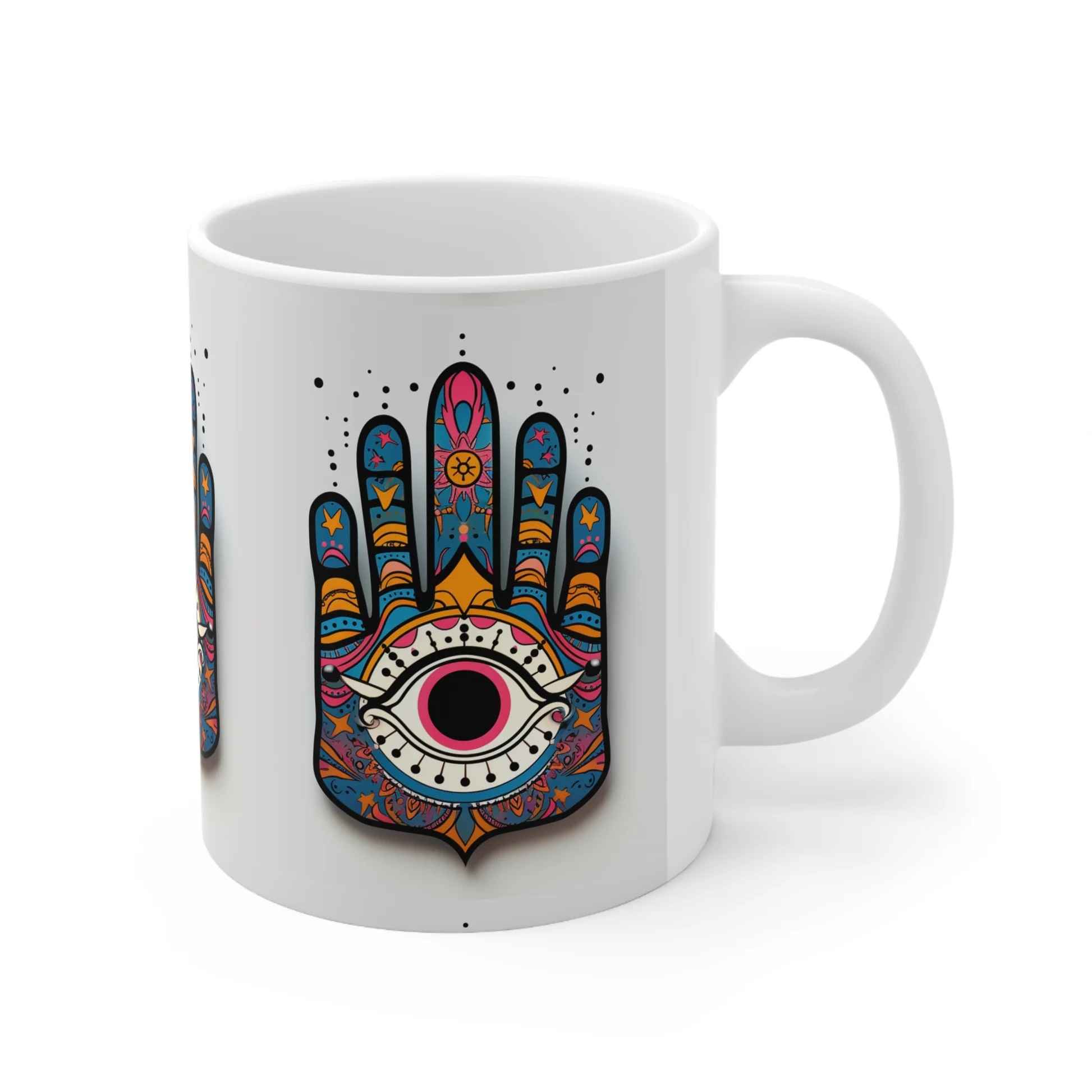 Islamic Ceramic Coffee Mug – Colorful Hamsa Hand of Fatima Pattern