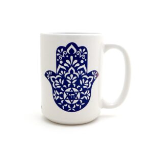 Islamic Ceramic Coffee Mug – Navy Blue Hamsa Hand of Fatima Pattern