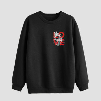 Men's Black Cotton Crew Neck Sweatshirt with Love Design for Casual and Everyday Wear