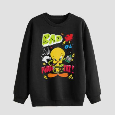 Men's Black Cotton Crew Neck Sweatshirt with Tweety Design for Casual and Everyday Wear