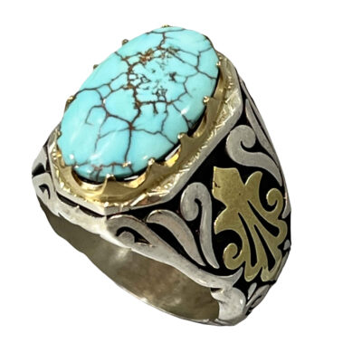 Neyshabur Turquoise Silver Gemstone Ring for Men – I Model, Traditional Persian Design