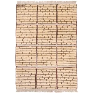 Original Handwoven Persian Kheshti Gabbeh Rug – Brick Wall Design Cream Wool