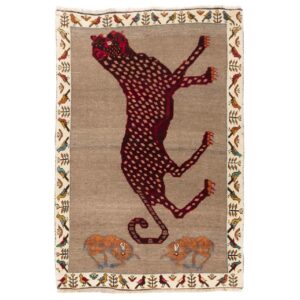 Original Handwoven Persian Pictorial Gabbeh Rug – Leopard Animal Motif Brown Wool