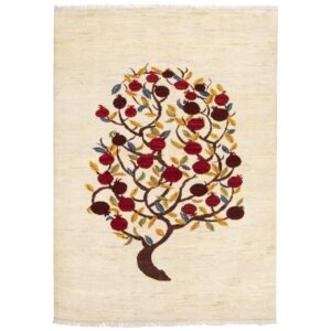Handwoven Persian Tree of Life Gabbeh Rug – Pomegranate Motif Cream Wool