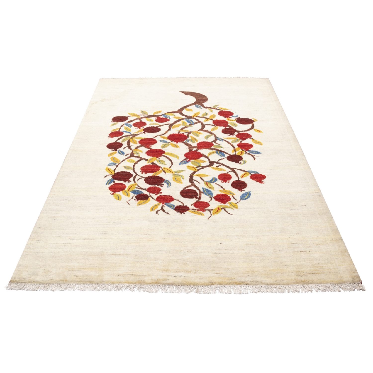 Handwoven Persian Tree of Life Gabbeh Rug – Pomegranate Motif Cream Wool
