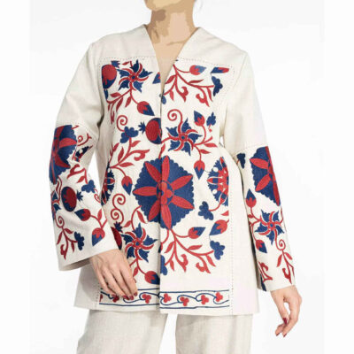 Elegant Persian Cotton Blazer Manto with Traditional Cream and Red Design