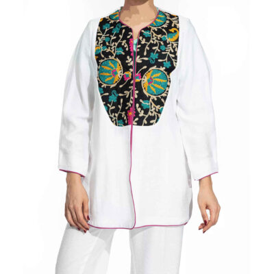 Elegant Persian White Cotton Tunic Manto with Floral Embroidery
