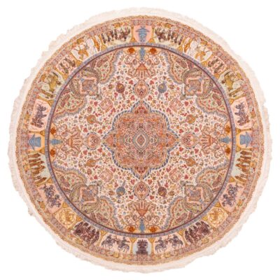 Hand-Knotted Persian Tabriz Rug (Lachak Toranj Floral Medallion) - Cream Silk & Kork