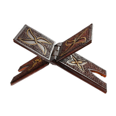 Wooden Quran Stand Rehal with Natural Camel Leather & Wood Carving – Foldable X-Shaped Book Stand