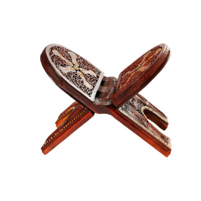 Wooden Quran Stand Rehal with Camel Leather & Wood Carving – Foldable X-Shaped Book Stand