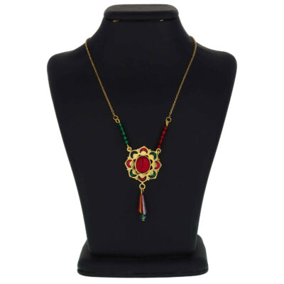 Persian Brass Pendant Necklace with Red & Green Agate – Traditional Medallion Design