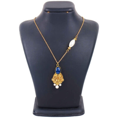 Persian Brass Pendant Necklace with Lapis Lazuli – Traditional Medallion Design