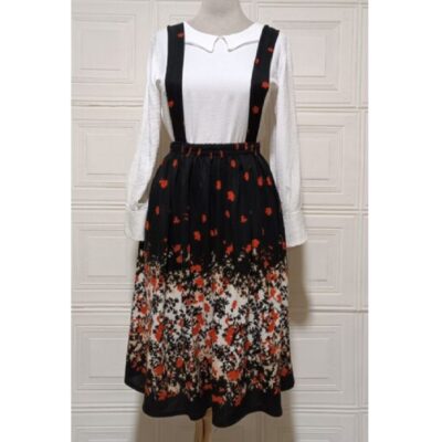 Black Crepe Suspender Skirt with Floral Design
