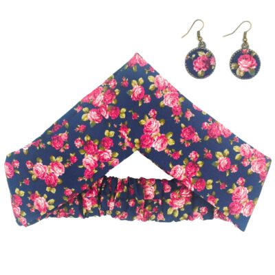 Women's Twisted Cross Headband & Earrings Set Floral Navy Blue