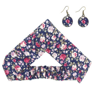 Women’s Twisted Headband & Earrings Set Floral Navy Blue with Pink Flowers