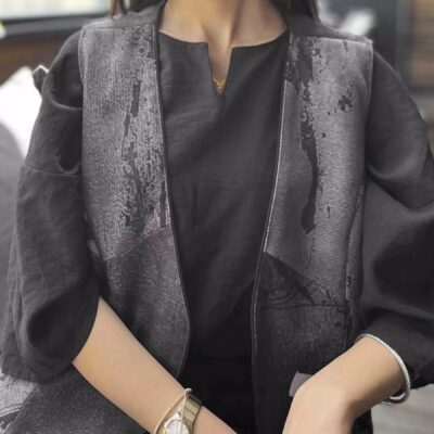Women's Long Gray Vest with Artistic Design for Spring and Autumn Layering