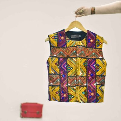 Women's Cropped Vest with Persian Embroidered Patchwork and Artistic Detail