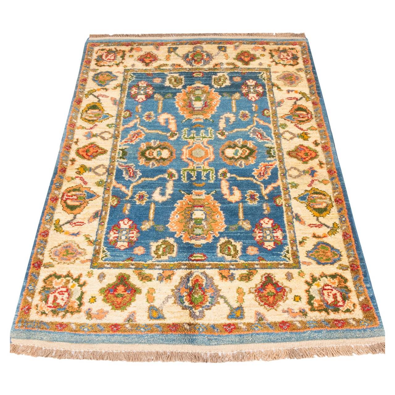 Hand-Knotted Persian Kashmar Rug (Bordered Geometric Medallion) – Cream Wool
