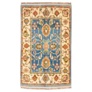 Hand-Knotted Persian Kashmar Rug (Bordered Geometric Medallion) – Cream Wool
