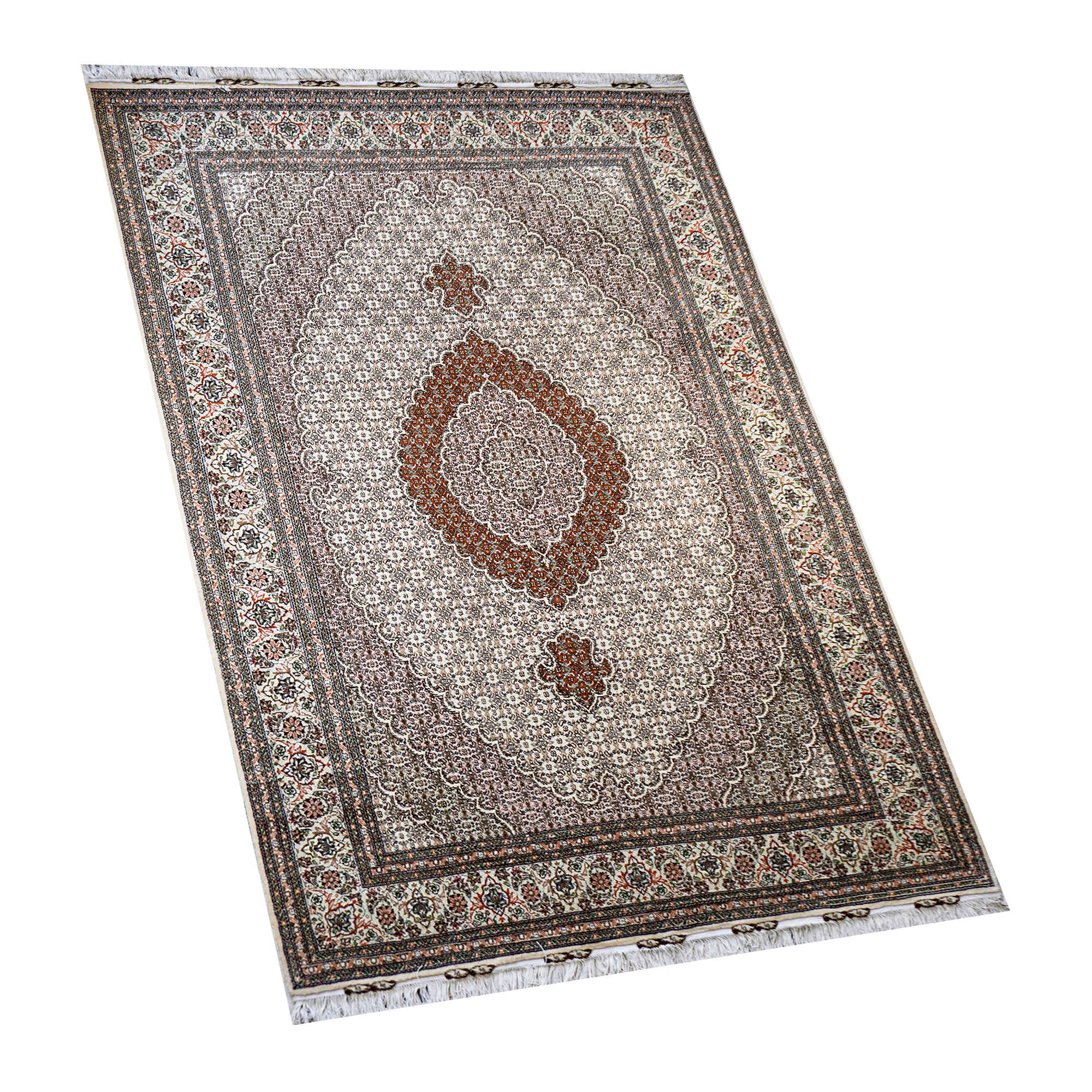 Hand-Knotted Persian Khoy Riz Mahi Rug (Mahi Medallion / Herati) – Cream Kork Wool