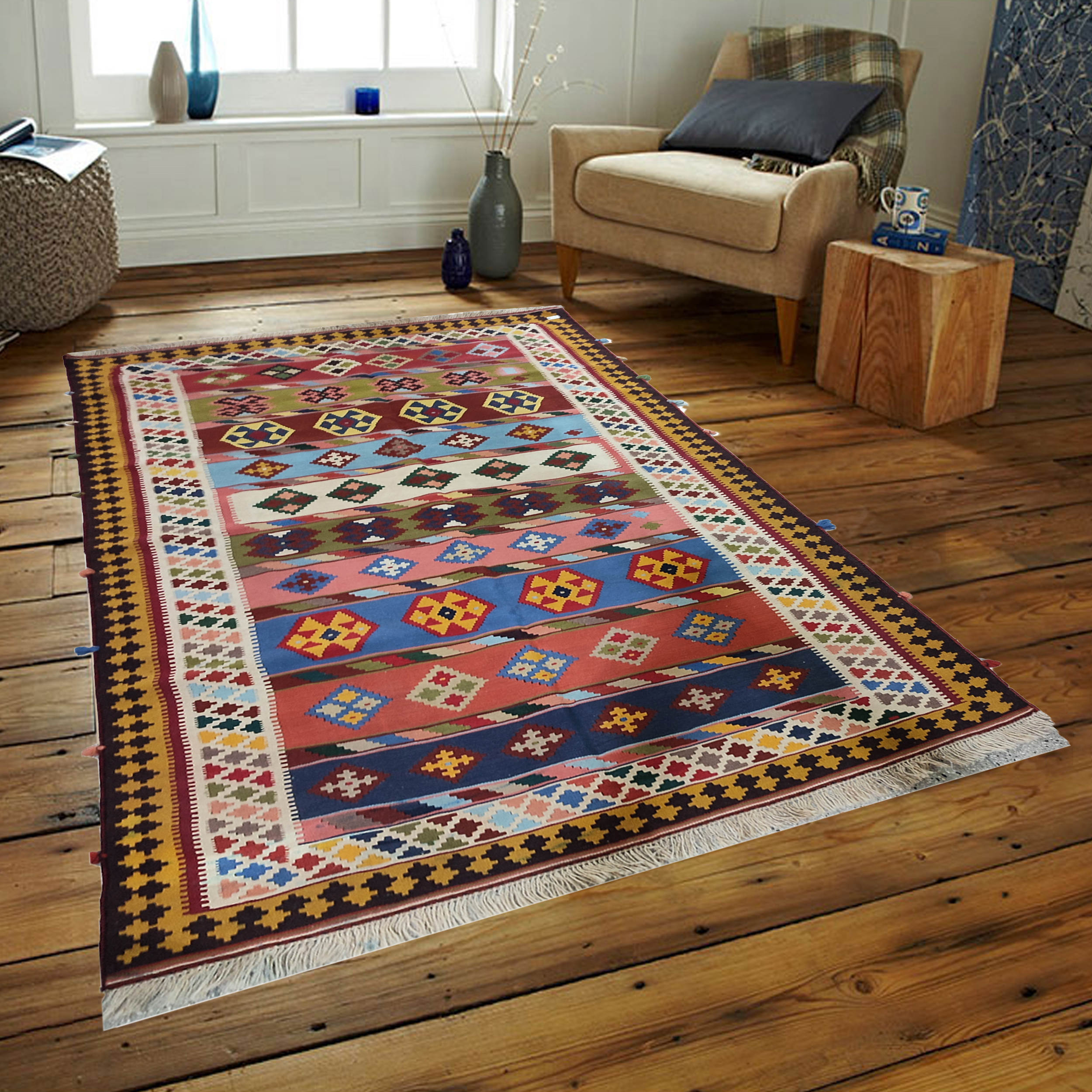 Shiraz Qashqai Geometric Kilim Rug – Authentic Handwoven Persian Wool