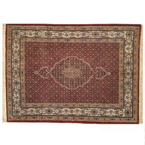 Hand-Knotted Persian Birjand Riz Mahi Rug (Mahi Medallion) – Red Silk & Wool