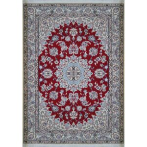 Hand-Knotted Persian Naein Rug (Lachak Toranj Floral Medallion) – Red Silk & Wool