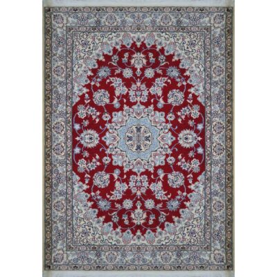 Hand-Knotted Persian Naein Rug (Lachak Toranj Floral Medallion) - Red Silk & Wool