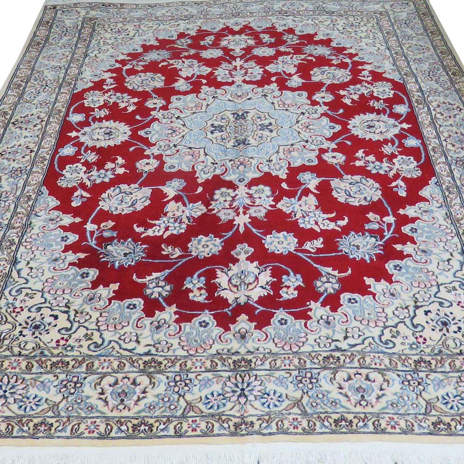 Hand-Knotted Persian Naein Rug (Lachak Toranj Floral Medallion) – Red Silk & Wool