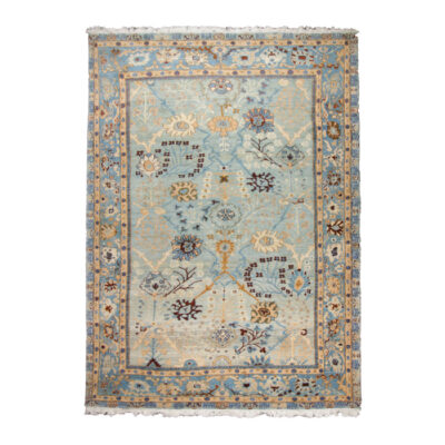 Hand-Knotted Persian Isfahan Rug (Elegant All-over Floral Bordered) - Light Blue Wool