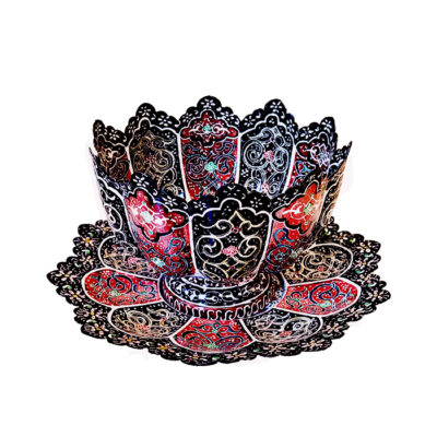 Decorative Copper Bowl & Plate Hand-Painted With Persian Minakari Enamel Azrakhsh