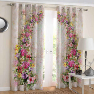 Printed Velvet Eyelet Curtain – Floral Cream (290×140 cm)