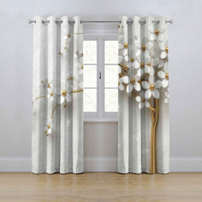Printed Velvet Eyelet Curtain – Floral White (280x145 cm)