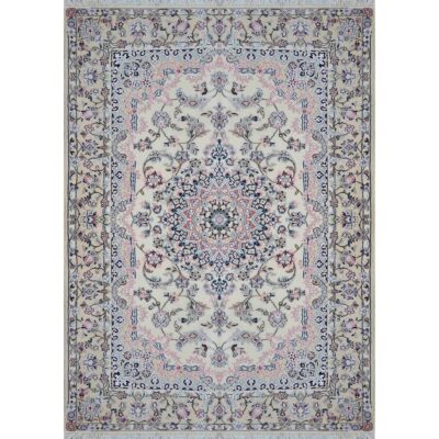 Hand-Knotted Persian Naein Rug (Lachak Toranj Floral Medallion) - Cream Silk & Wool