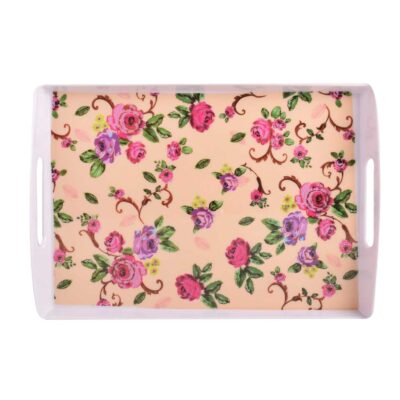 Lightweight Melamine Serving Tray - Rectangular Cream Pink Floral Tray