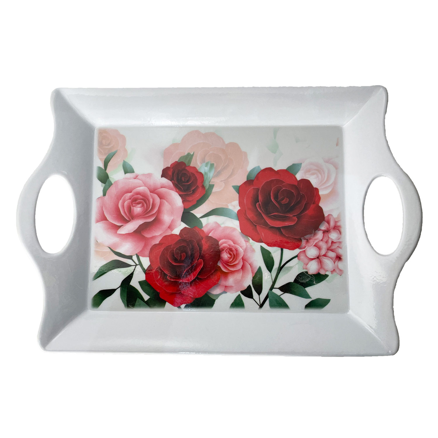 Lightweight Melamine Serving Tray – Rectangular Red Rose Floral Tray