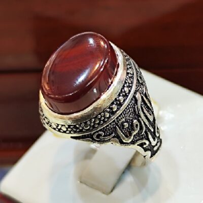 Ya Imam Reza Agate Silver Gemstone Ring for Men – Islamic Calligraphy and Traditional Design