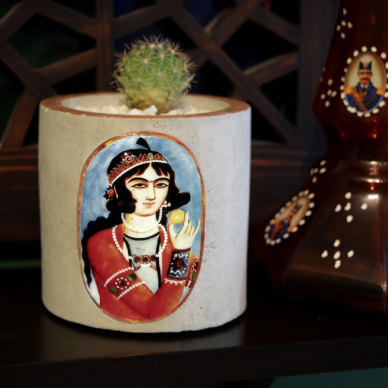 Persian Concrete Vase with the Khatun Design, Handcrafted with a Boho Style Featuring a Girl Motif