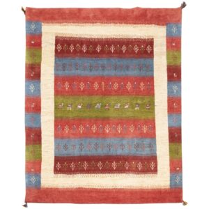 Handwoven Persian Striped Gabbeh Rug with Animal Motifs – Red Wool