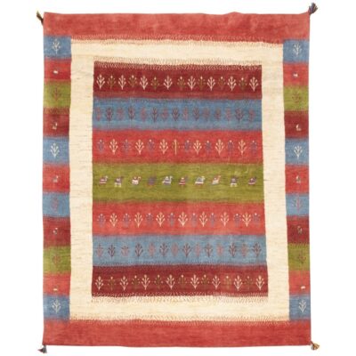 Handwoven Persian Striped Gabbeh Rug with Animal Motifs - Red Wool