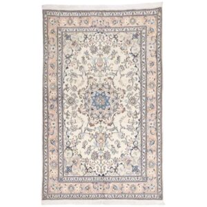 Hand-Knotted Persian Tabas Rug (Traditional Floral Medallion) – Cream Silk & Wool
