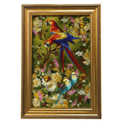 Hand-Knotted Persian Silk Pictorial Wall Hanging Rug – Parrots and Spring Flowers, Tabriz