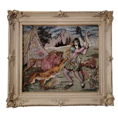 Hand-Knotted Persian Silk Pictorial Wall Hanging Rug – Bahram Gur, Tehran