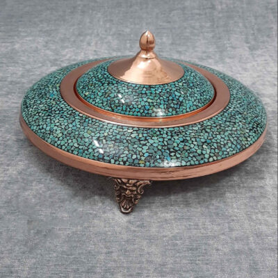 Persian Caviar Server Turquoise Inlay with Copper Footed Style
