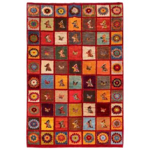 Handwoven Persian Kheshti Gabbeh Rug – Butterfly & Flower Red Wool
