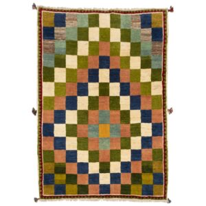 Handwoven Persian Geometric Gabbeh Rug – Checkered Green Wool